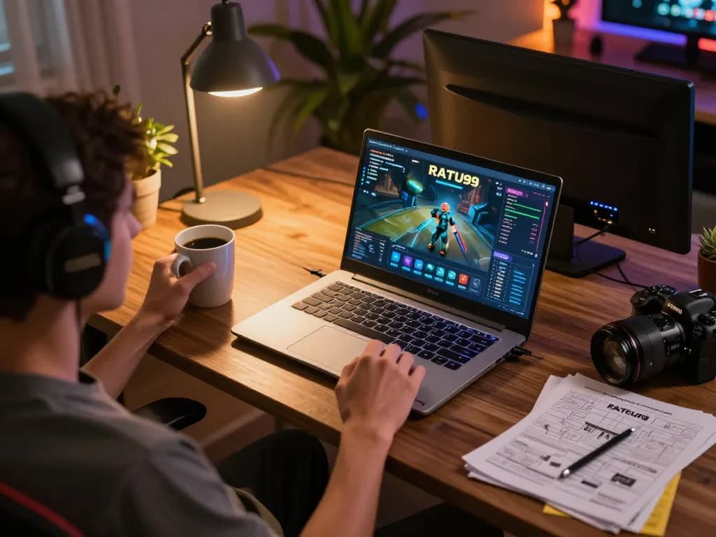 Terlibat dalam gaming online RATU99 di laptop dengan suasana kerja yang nyaman.