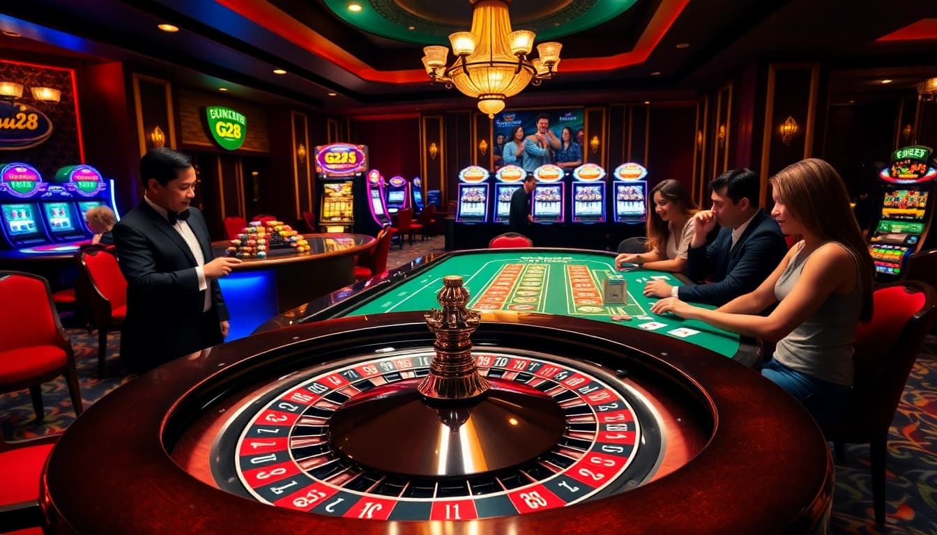 Experience G28 excitement with vibrant casino tables and players celebrating wins.