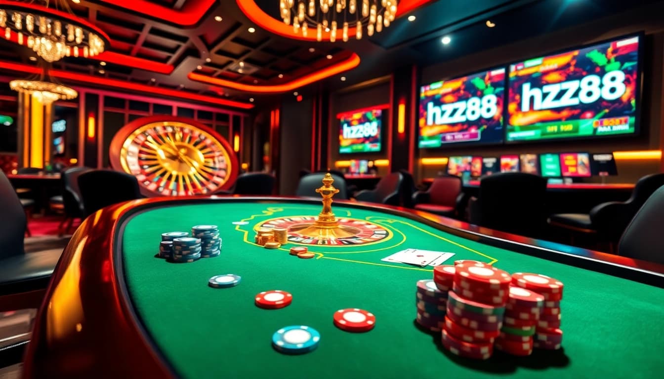 Experience the excitement of gambling at hz88 with a vibrant casino scene featuring poker and roulette.