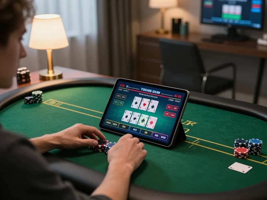 Engaging with 11win poker gameplay on a tablet, highlighting a strategic online gambling moment