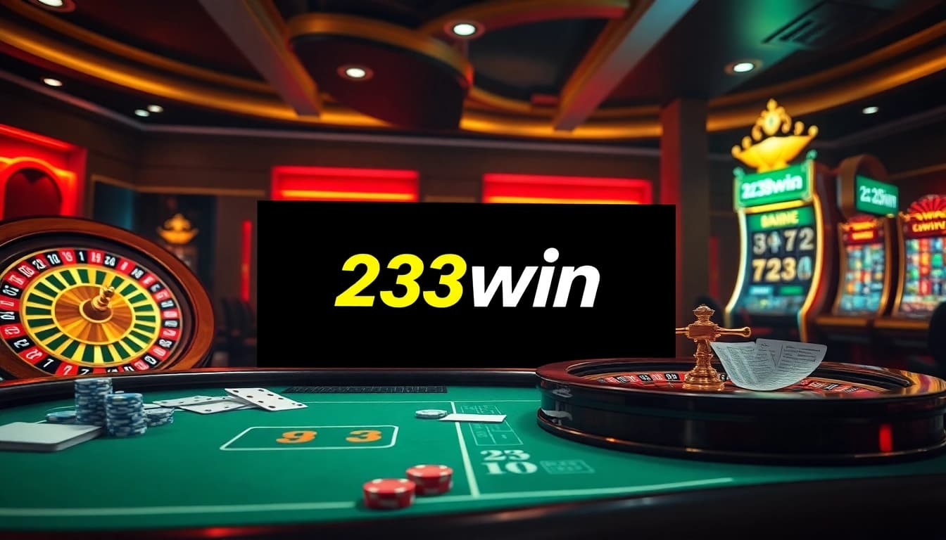 Experience the thrill of 23win with vibrant online gambling visuals featuring a roulette wheel and poker table.