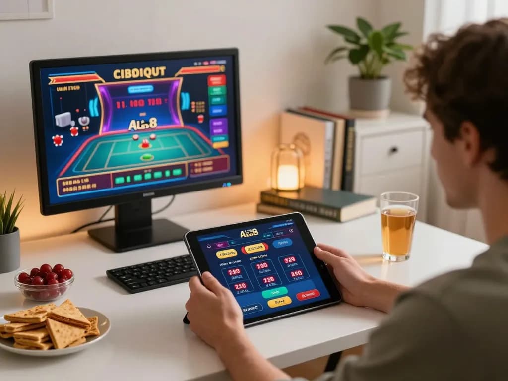 Person engaging with the ALO8 casino app, showcasing strategic betting at home
