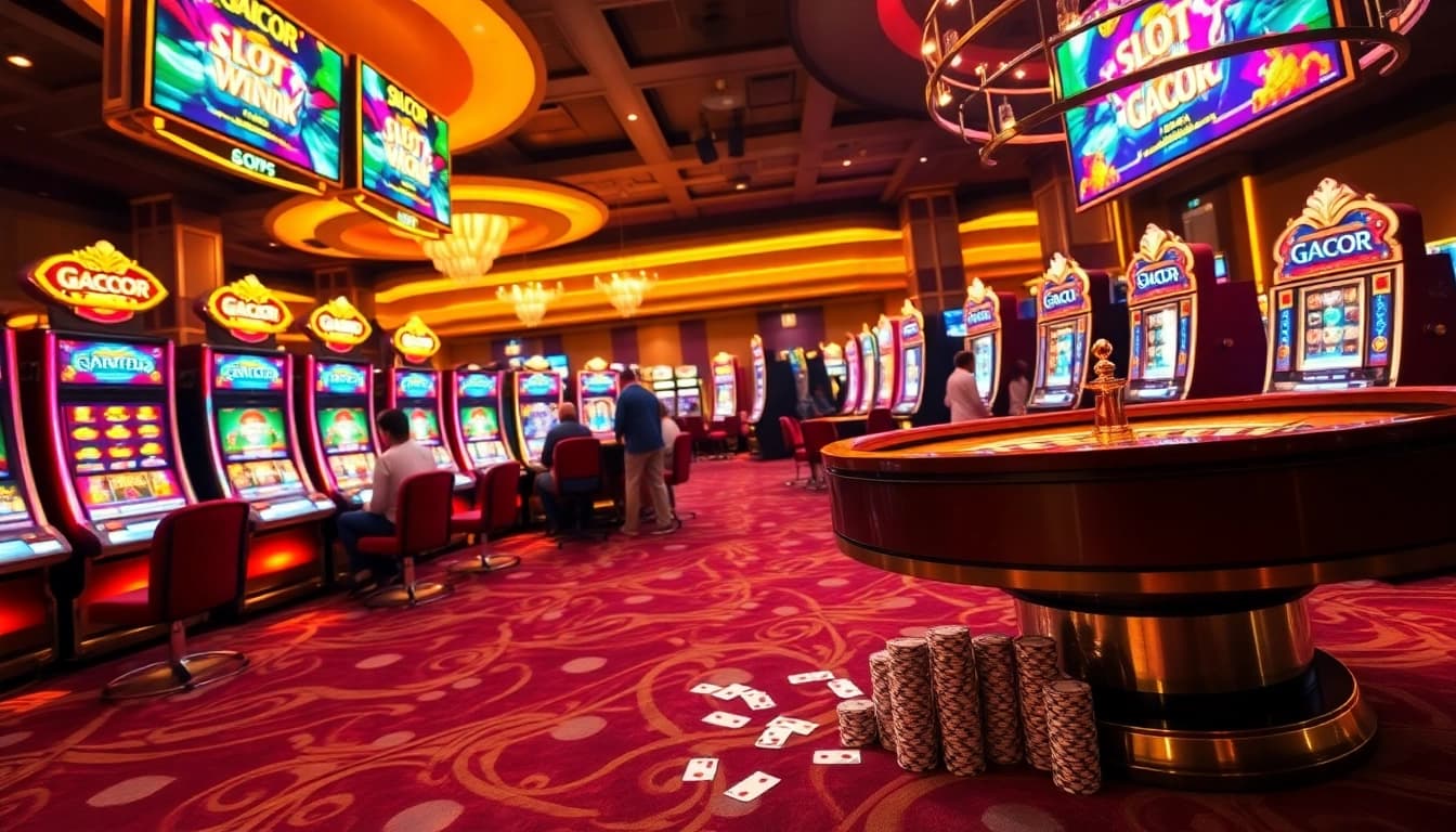 Experience excitement at Slot Gacor machines amidst a vibrant casino atmosphere filled with players and winning moments.