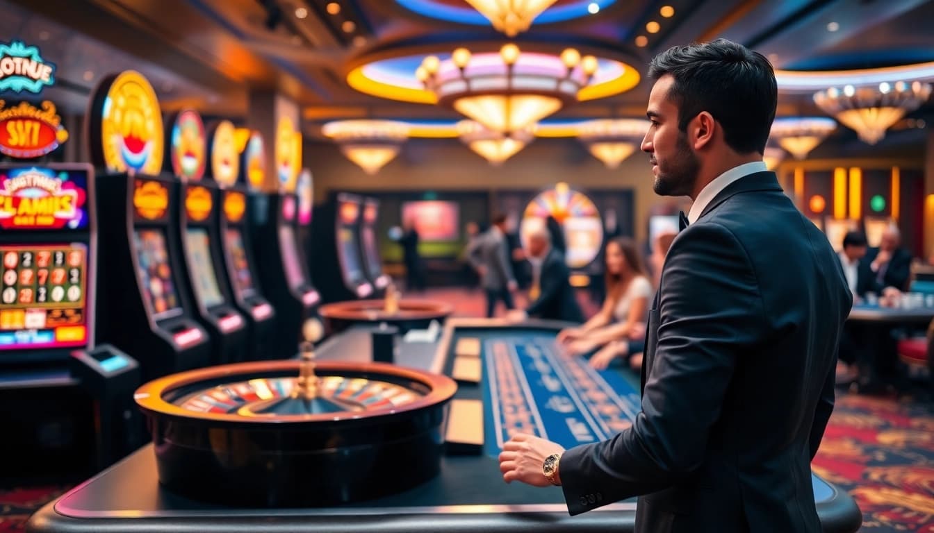Online casino spielen in einer eleganten Spielumgebung mit einem Dealer und Glücksspielen.