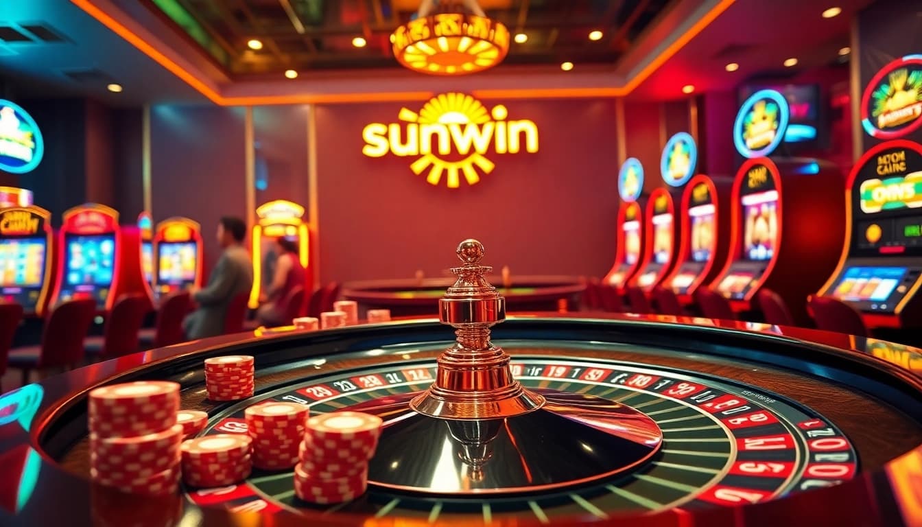 Players enjoying high-stakes gambling action at a luxurious sunwin casino table.