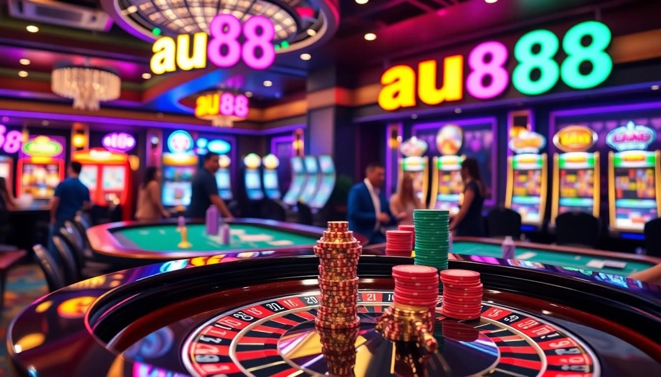 A vibrant casino scene showcasing AU88 with engaged players at poker and roulette tables.