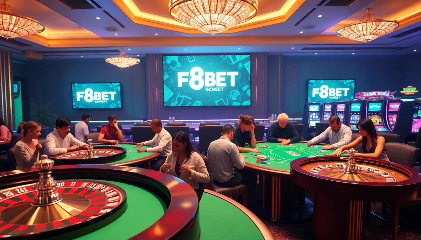 Players strategizing in a vibrant casino setting, featuring F8BET branding amidst roulette and poker games.