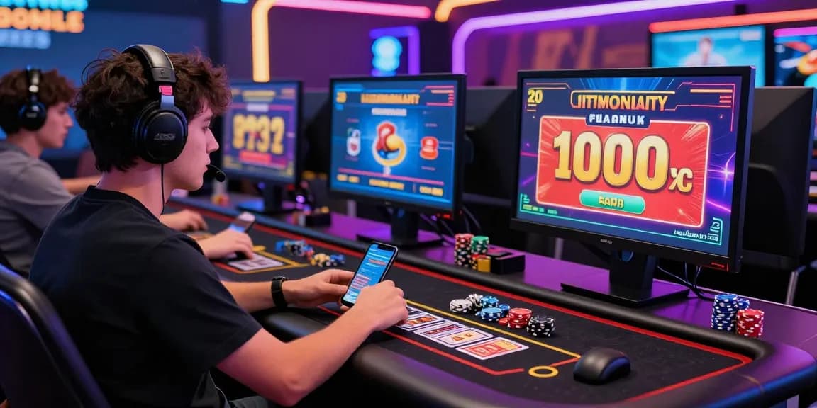 Exciting gaming setup featuring a player at credit card casinos with screens showcasing games and vibrant neon lights
