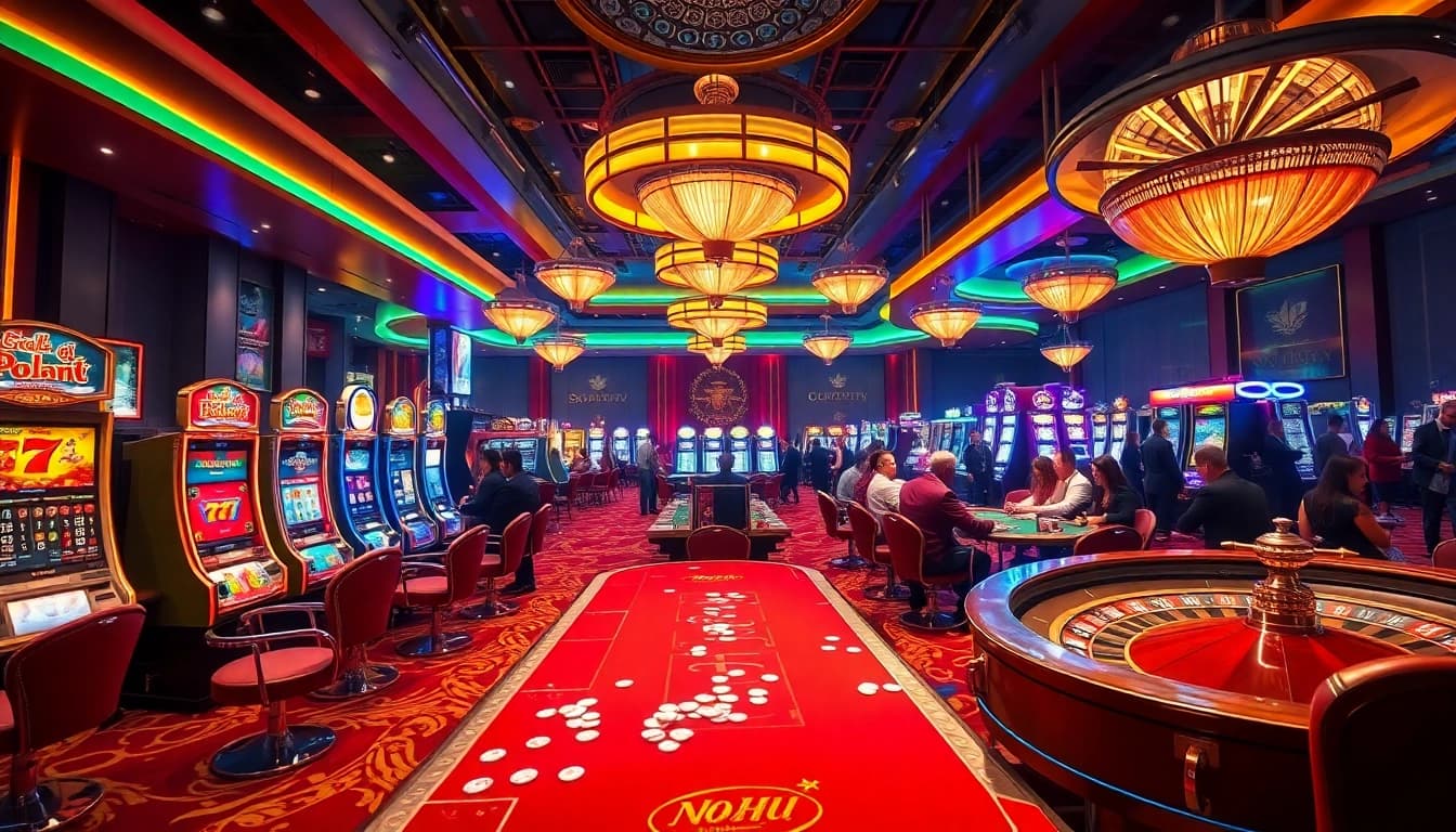 Nohu casino scene showing vibrant slot machines and poker tables with players engaged