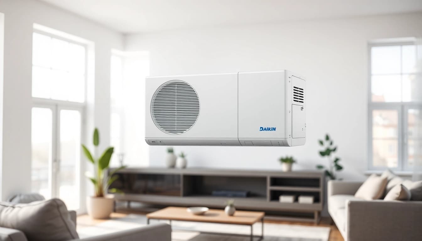 Showcase of Daikin mini split AC unit in a modern living room, emphasizing sleek design and energy efficiency.