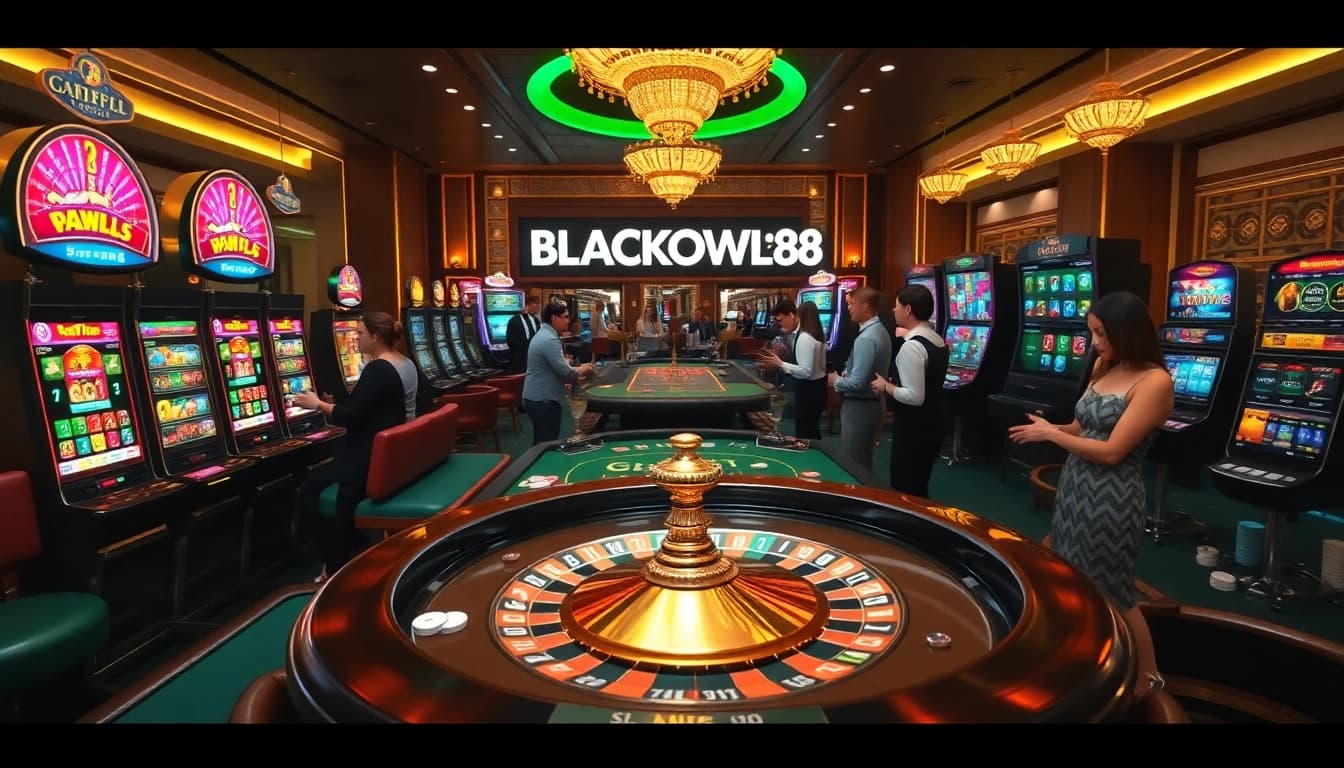 Players enjoying online gambling at BLACKOWL88, featuring modern slot machines and a vibrant casino atmosphere.