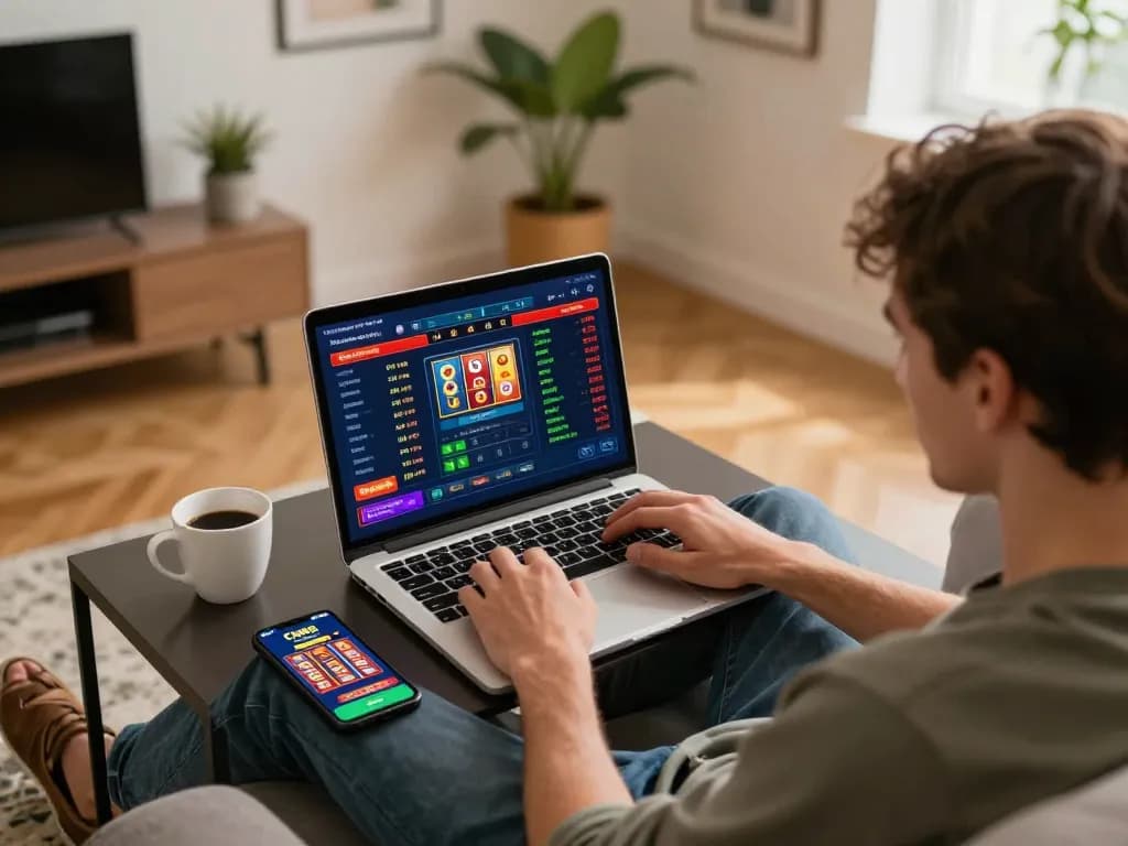 Player engaging in online sports betting with CM88 app open on laptop and smartphone in a cozy living room.