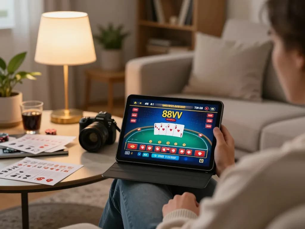 Engaged player enjoying 88vv casino games on a tablet in a cozy home setting