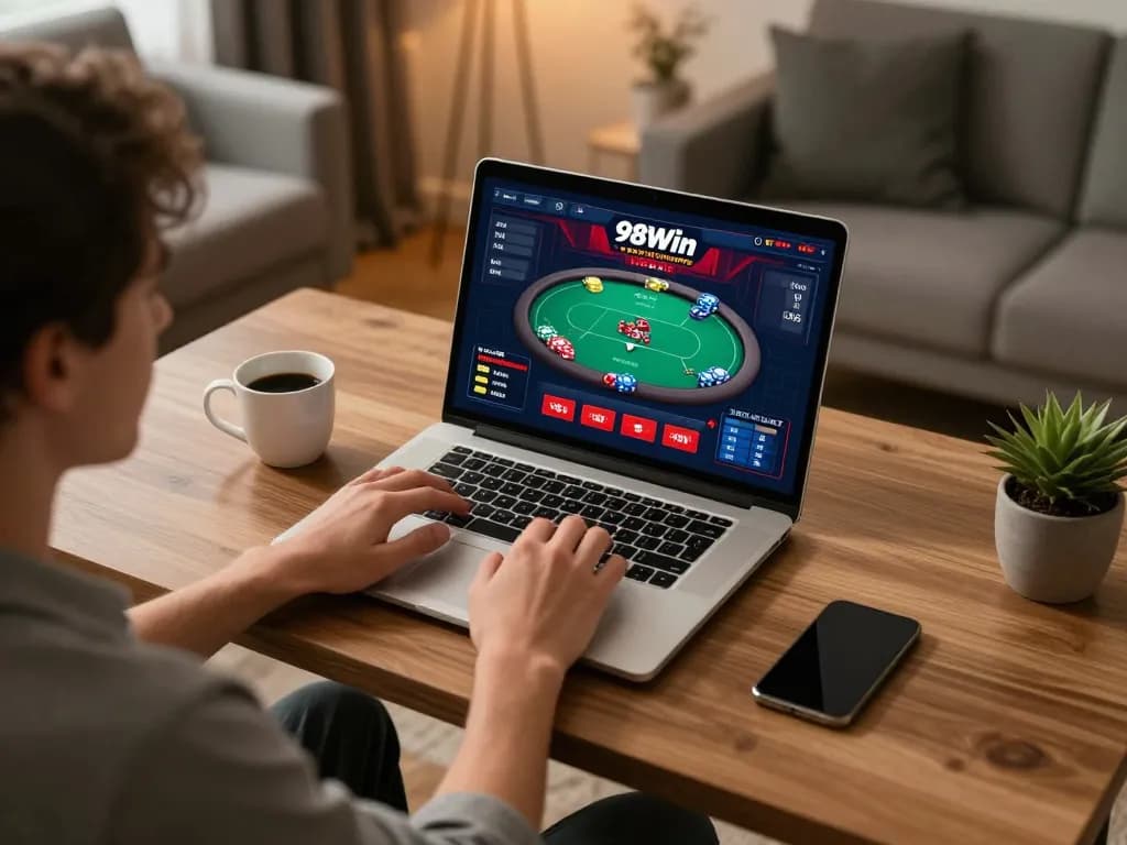 Engaging moment of a player immersed in 98win online gaming experience at home, showcasing responsible gambling.