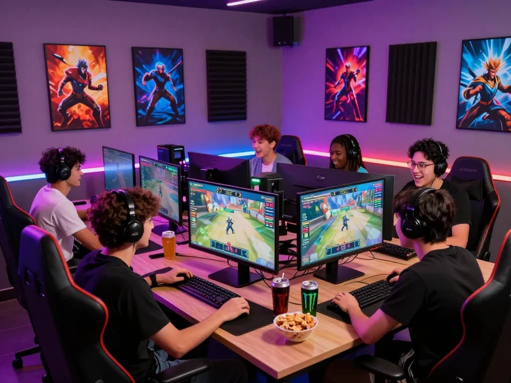 79KING gamers enjoying a lively multiplayer session in a vibrant studio setting.