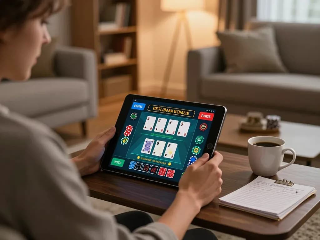 LUCKYWIN user engaging with live casino game on tablet in cozy home setting