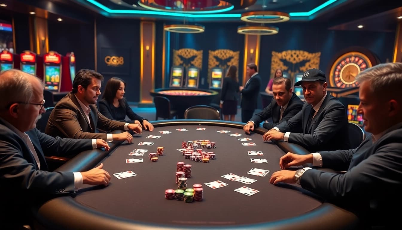 Experience thrilling gameplay at GG88 with vibrant poker tables and colorful chips in a luxurious casino setting.