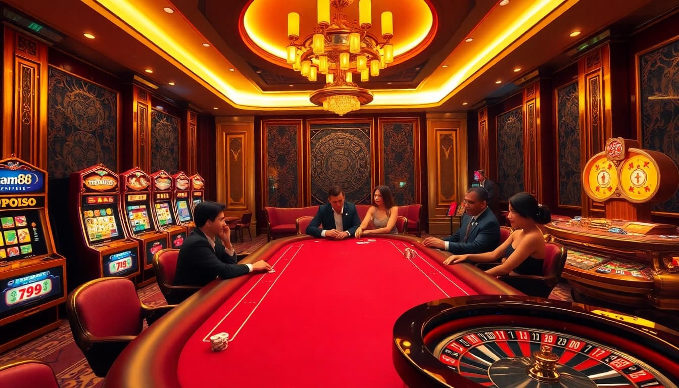 Players engage in an exciting poker game at Nhà cái cm88, surrounded by captivating slot machines and roulette.