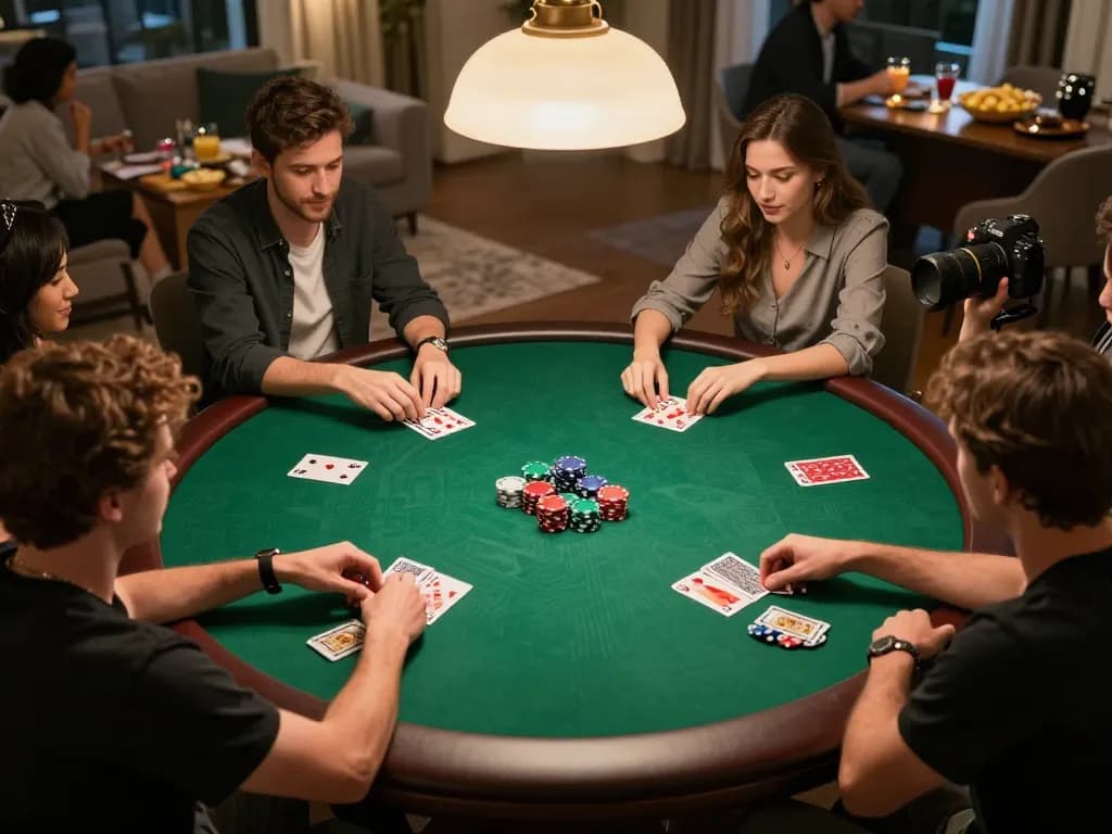 Engaging home poker night with friends, featuring strategic betting at the table, showcasing kathleenmartincoaching.