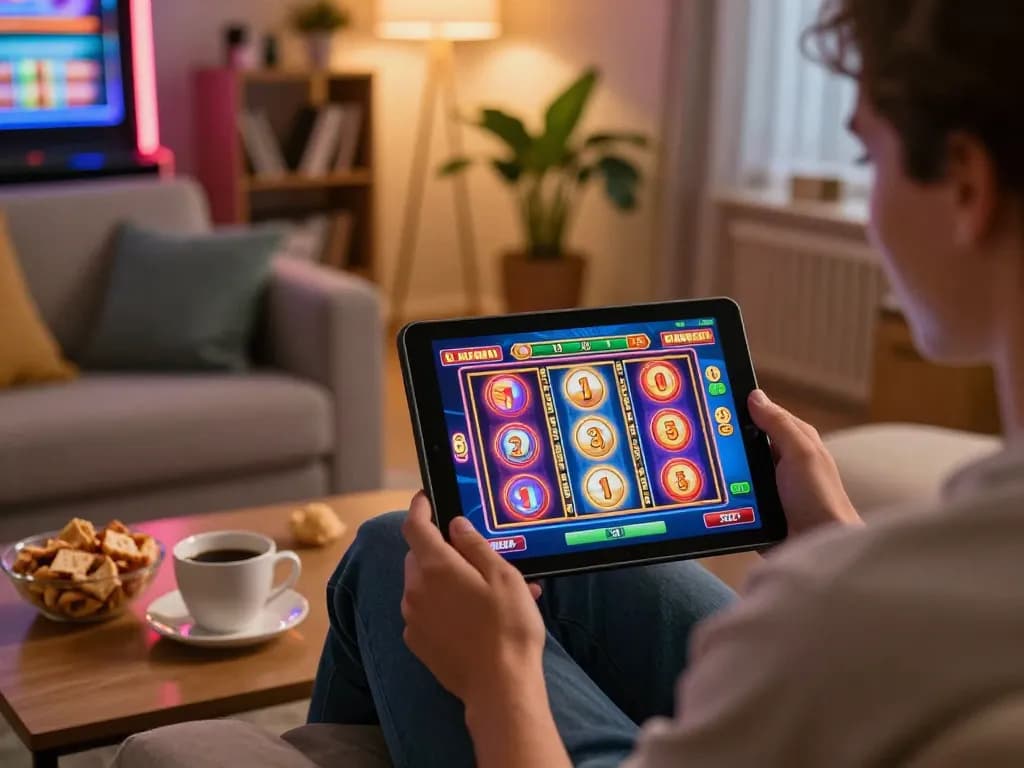 Player spins slot machine reels on tablet in cozy home setting, showcasing online gambling experience.