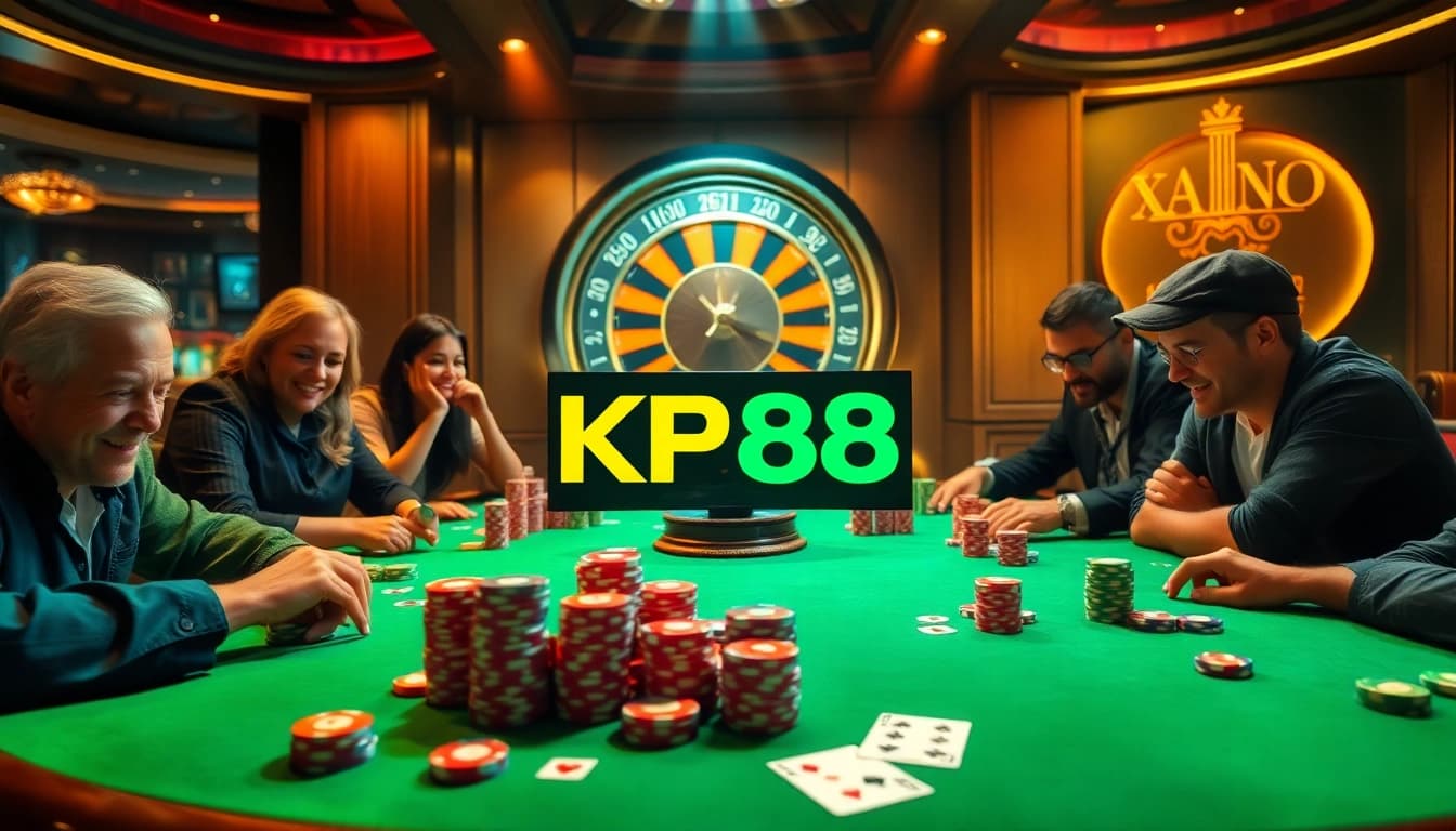 Excited players at a poker table with KP88 branding, embodying luxury and thrill in gambling.