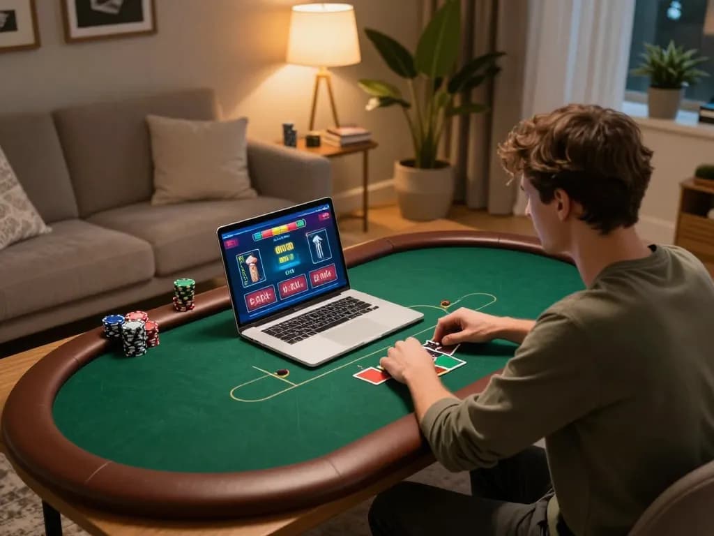 Nohu90 online poker gaming session featuring a cozy atmosphere with player focused on laptop screen.