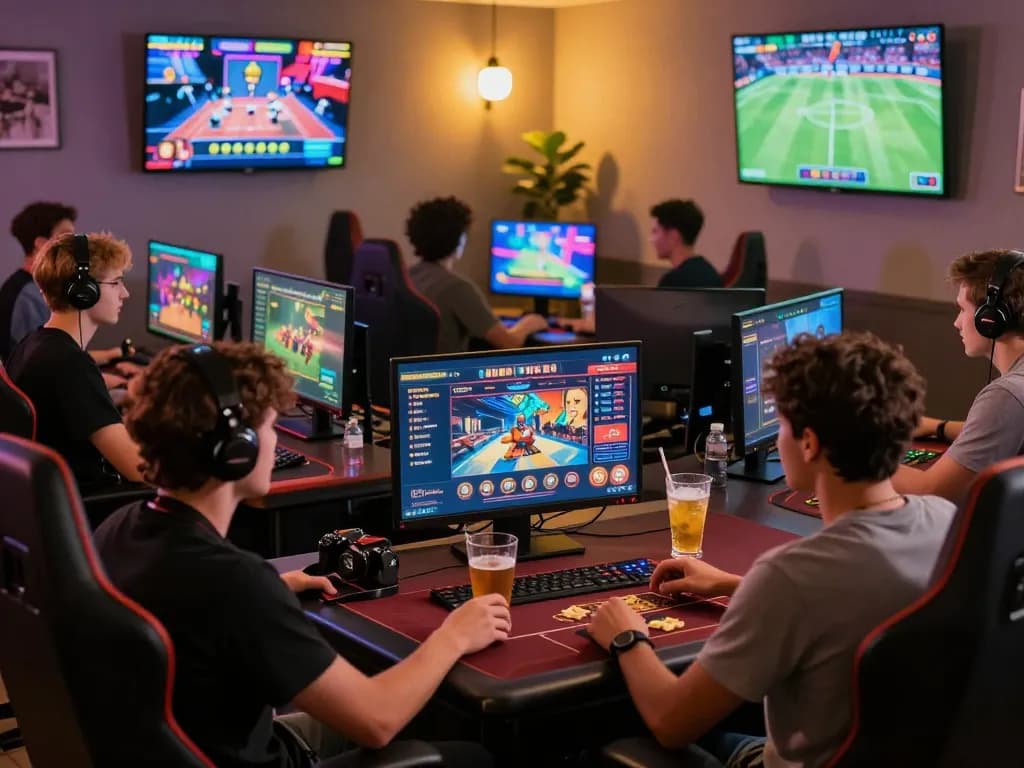 Experiencing the excitement of online gaming at https://luckywin.free/ with friends in a vibrant setting.