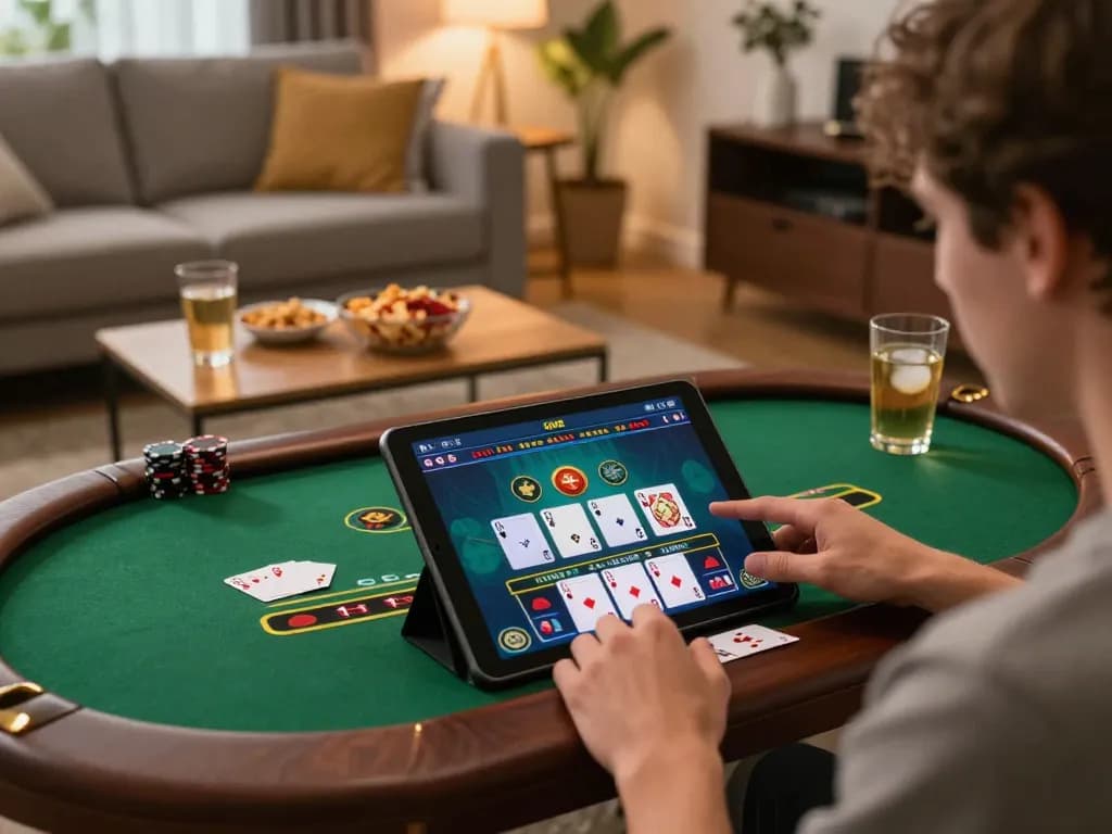 Engaging in live dealer blackjack on a tablet in a cozy home setting, showcasing FABET.