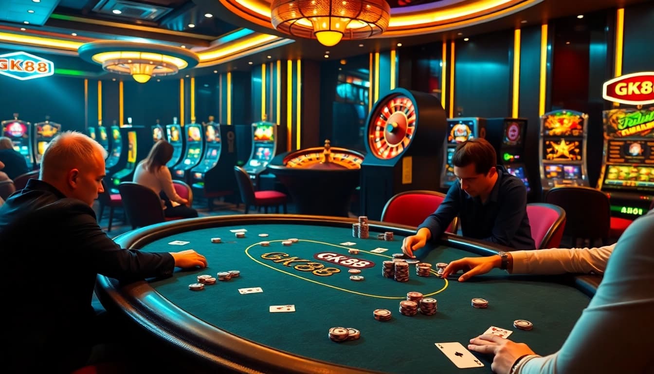 Engage in exciting gambling action at the GK88 poker table with vibrant chips and cards.