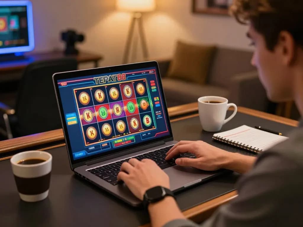Pemain yang terlibat dengan permainan slot online TEPAT88 di meja modern, memperlihatkan pengalaman bermain yang imersif.