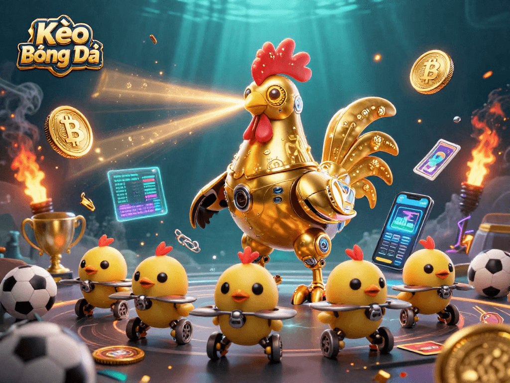 Engage in Kèo Bóng Đá with a vibrant illustration showcasing a golden rooster robot amidst sports elements.