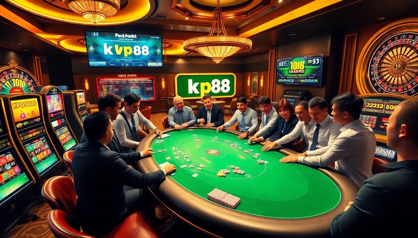 Experience excitement at kp88 with a lively casino scene showcasing poker and roulette.