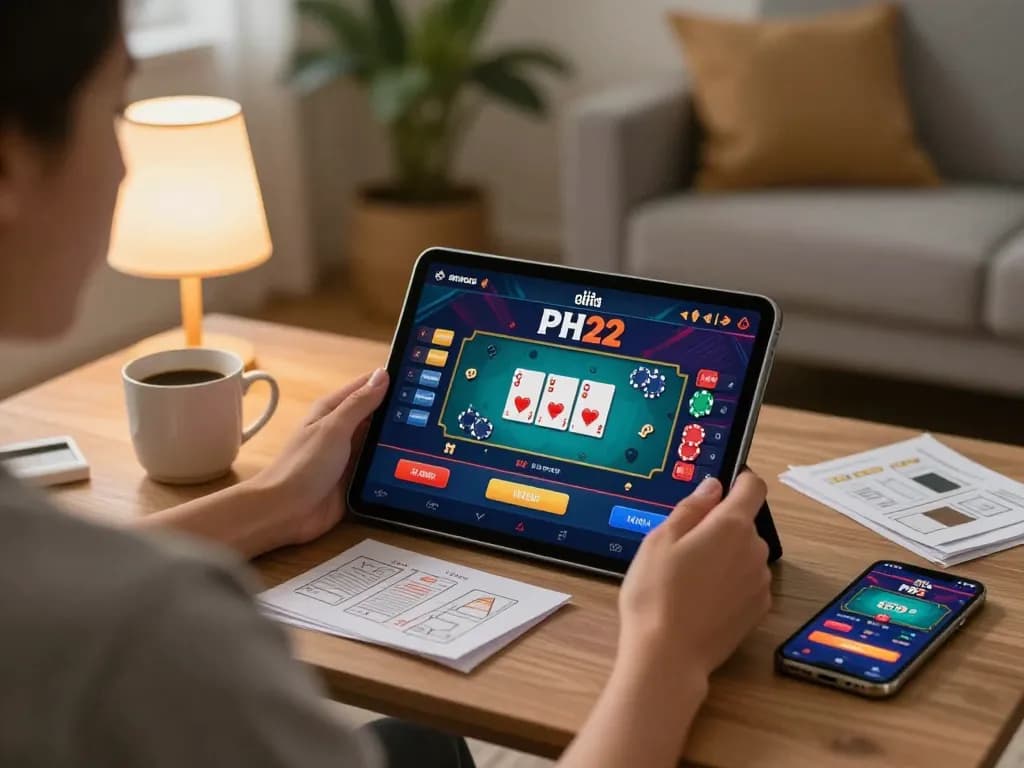 Engaging gameplay on the PH22 casino app in a cozy home setup with dynamic dealer action