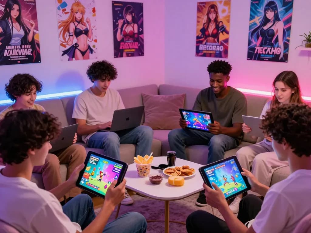 Engaged players immersed in sex games on mobile and tablets in a vibrant gaming environment.