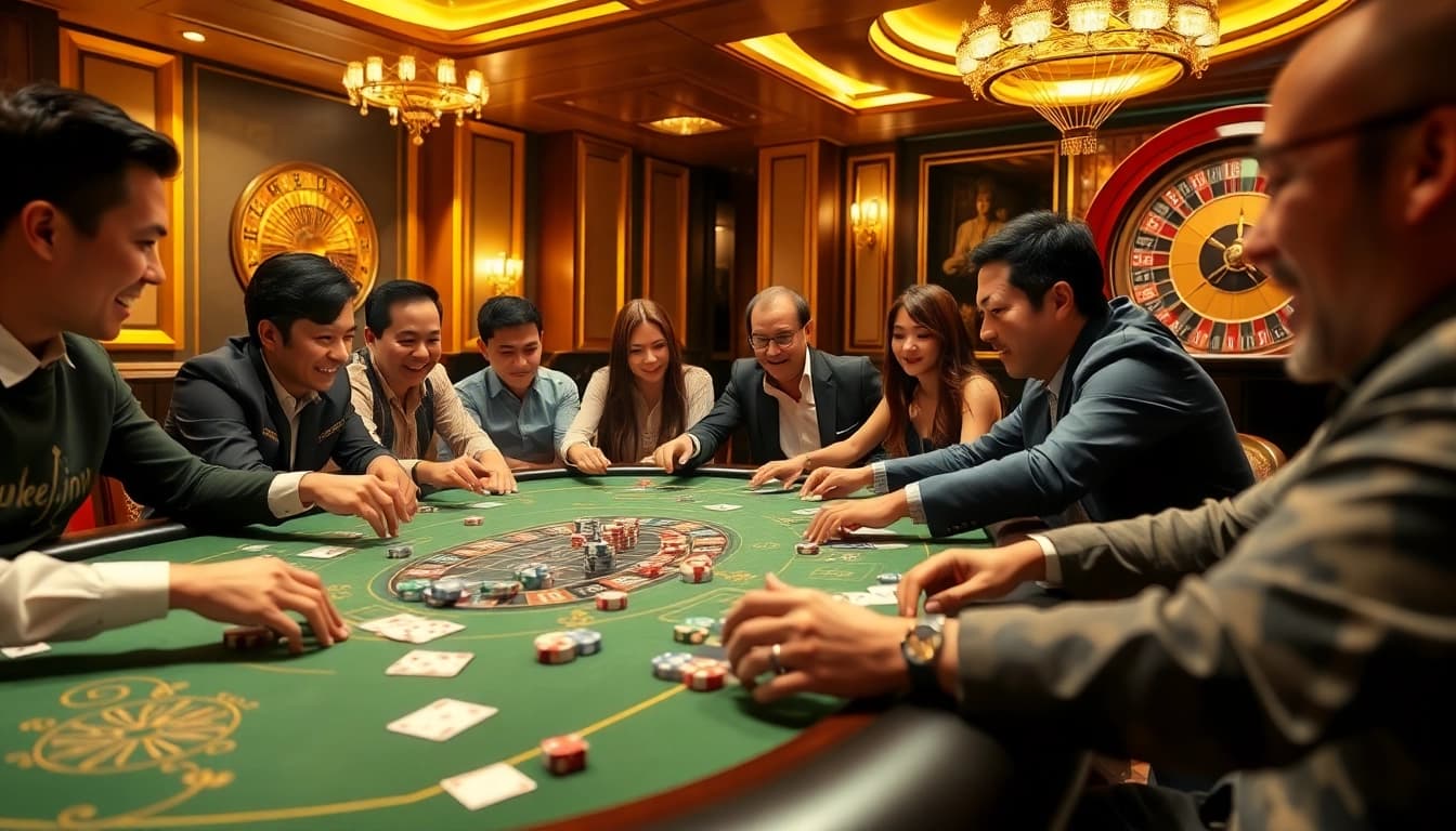 Exciting gameplay of game bài đổi thưởng with poker chips and cards in a luxury casino.