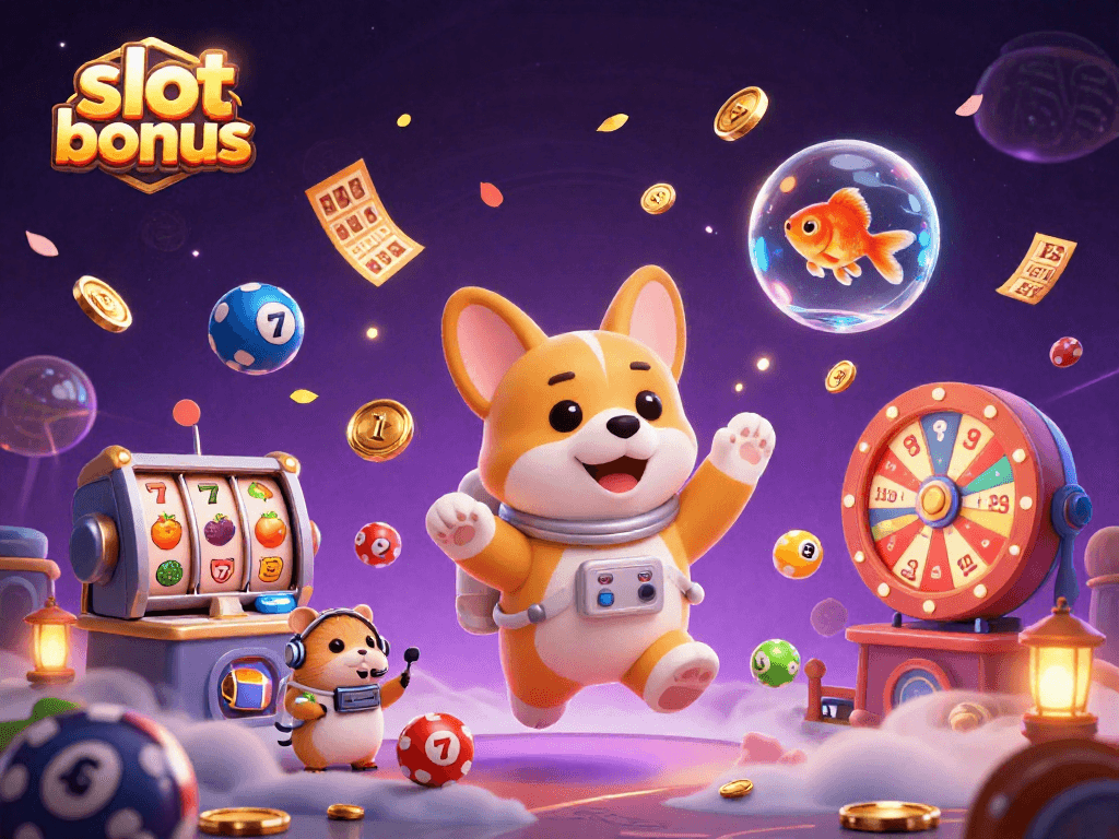 Experience exciting slot bonus action in a vibrant casino space with a gaming astronaut corgi.