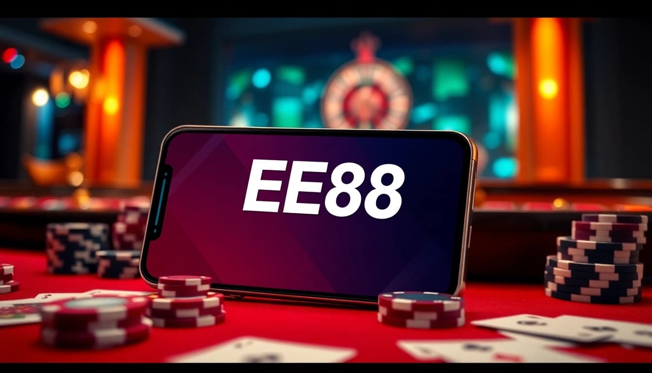 Gambling on the go with the EE88 app showcased on a smartphone amidst vibrant casino elements
