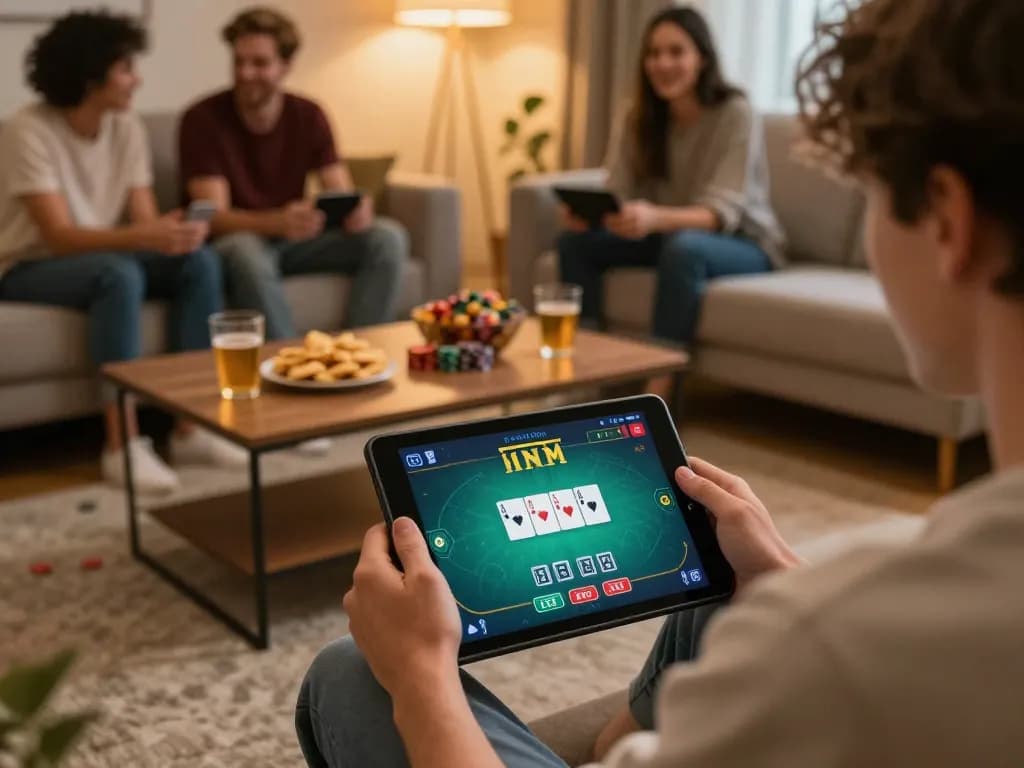Engage with Go88 in an exciting online poker game on a cozy living room tablet setup.