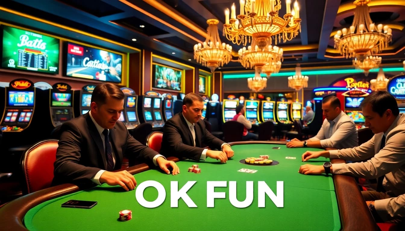Players enjoying high-stakes poker at OKFUN casino, featuring vibrant chips and thrilling gameplay.