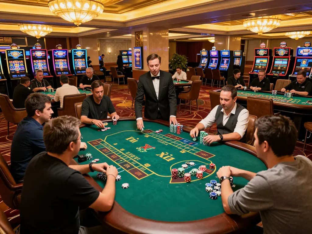 Tài Xỉu players engaging in intense gameplay at a vibrant casino table.