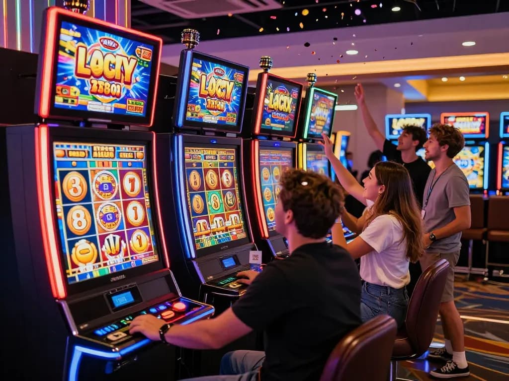 Players enjoying the Lucky 88 slot machine in a vibrant casino environment.