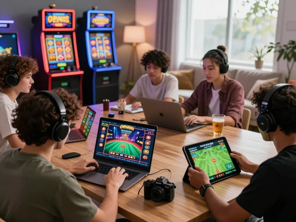 Engaging gaming scene showing players enjoying OPEN88's diverse online gaming options in a vibrant living room setting.