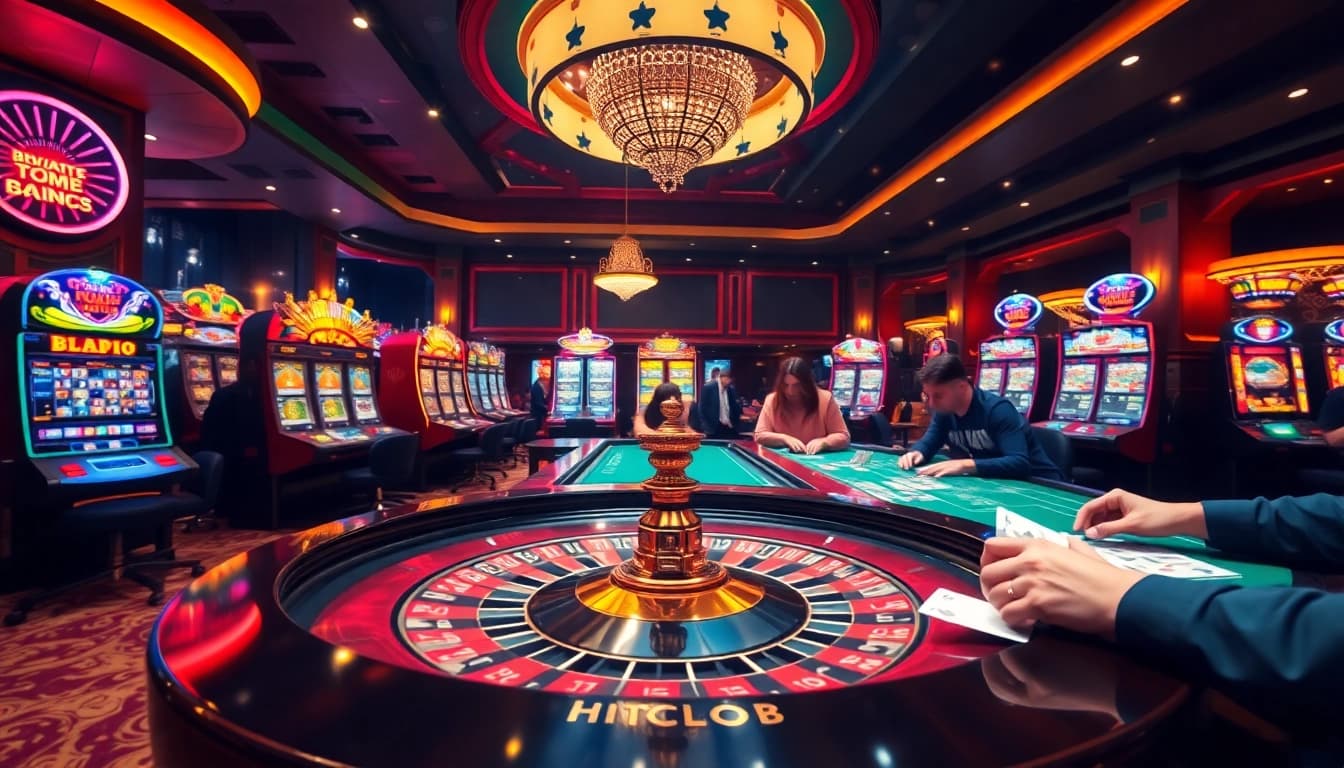 Hitclub players enjoying a thrilling casino experience with virtual roulette and poker chips.