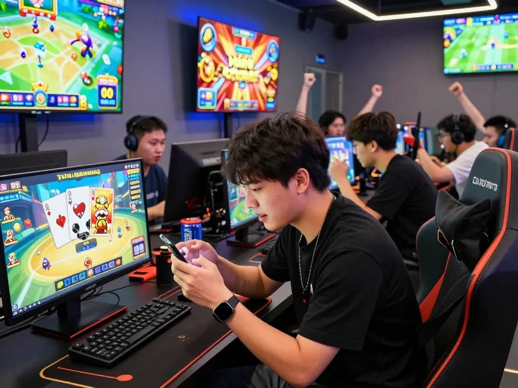 Cổng game Rikvip players engaged in thrilling online games in a vibrant gaming lounge.