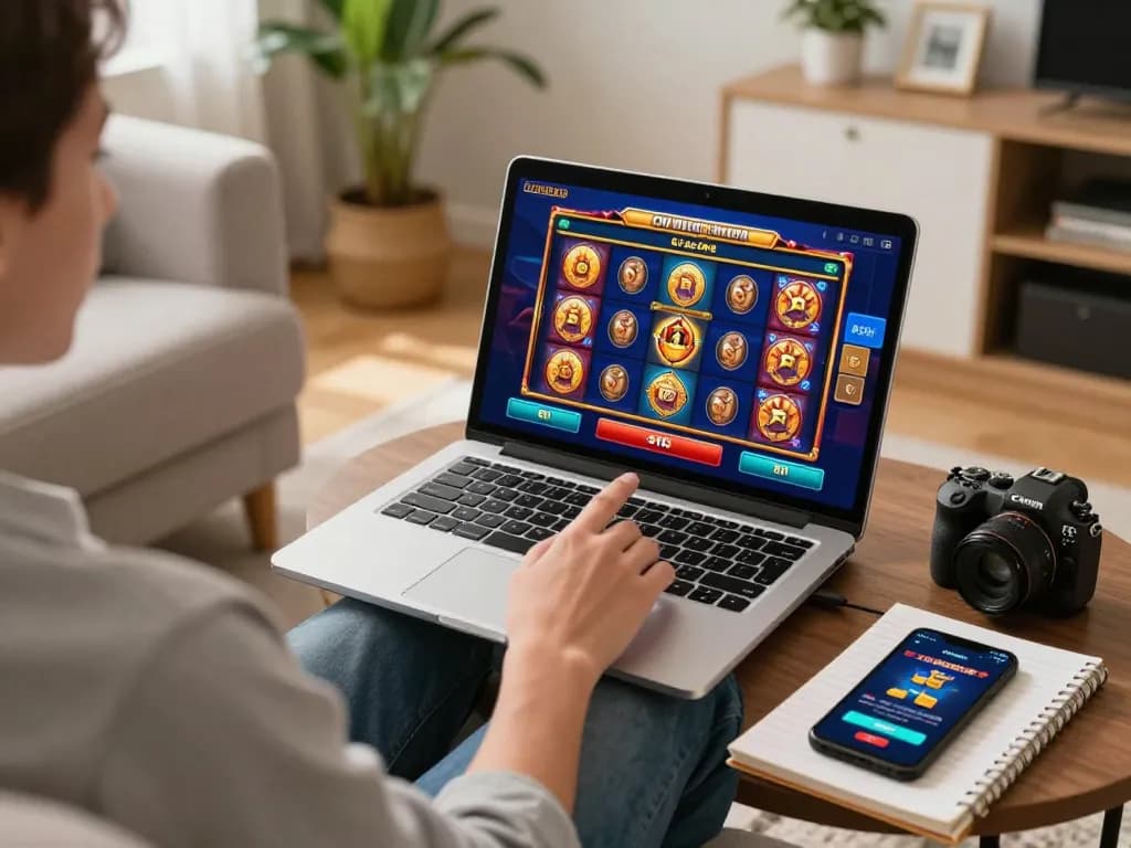 Engaged player spinning the reels on slot 5k game from a cozy home setup with warm lighting.