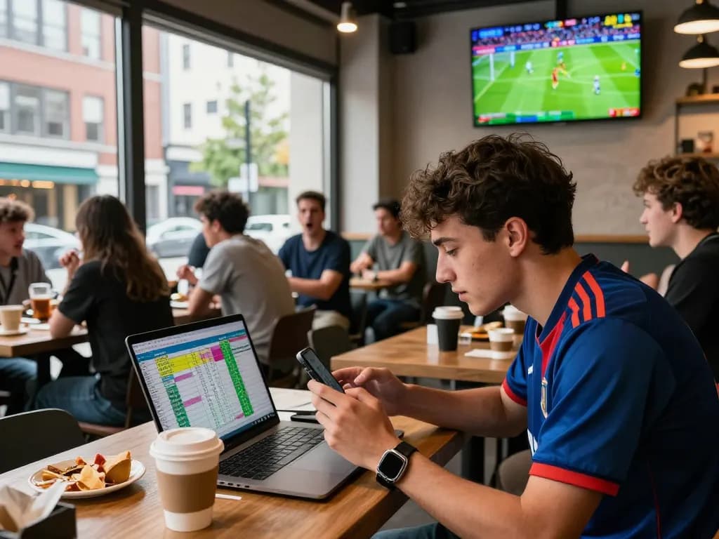 Fan tracking KQBD scores and updates in a vibrant cafe