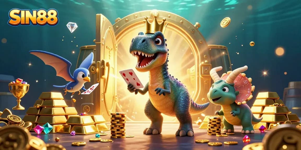 SIN88 showcasing a playful T-Rex and friends in a rich casino scene with vibrant gems and golden treasures.
