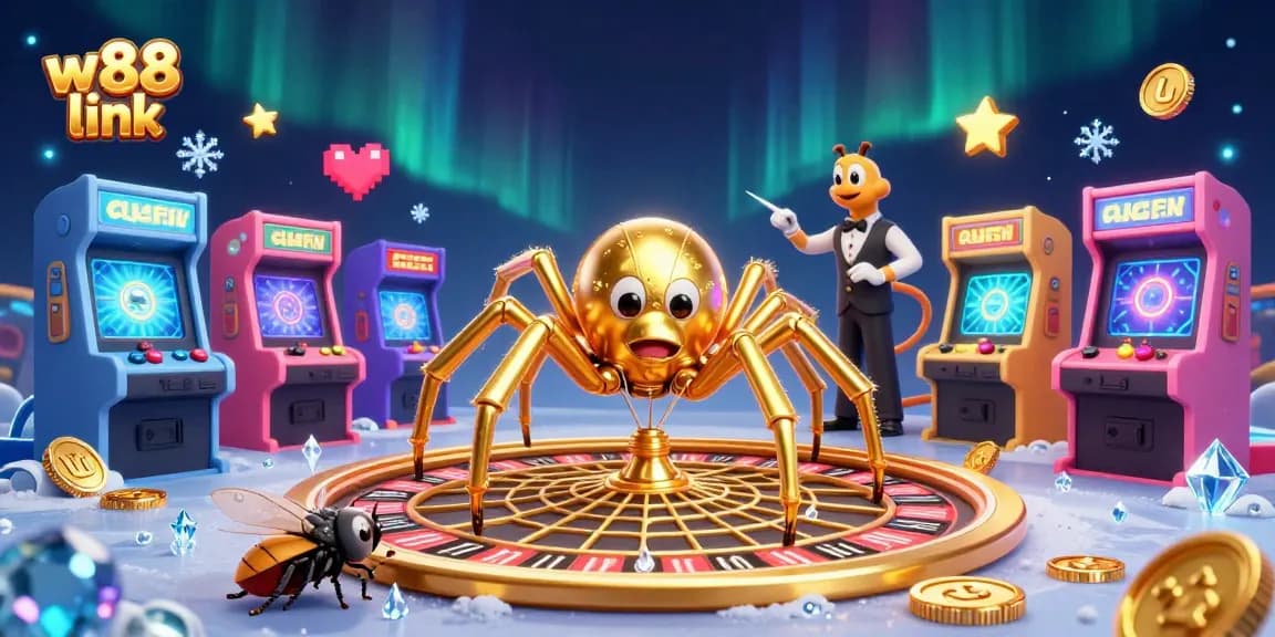 Engaging 3D illustration of w88 link with a golden spider spinning a roulette web, promoting online gambling excitement.