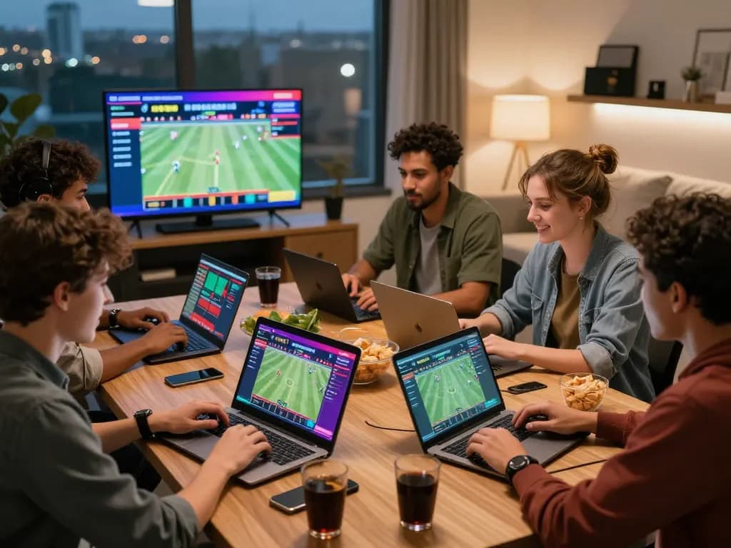 Friends engaging in sports betting strategies at a debet online gaming platform with vibrant city lights.