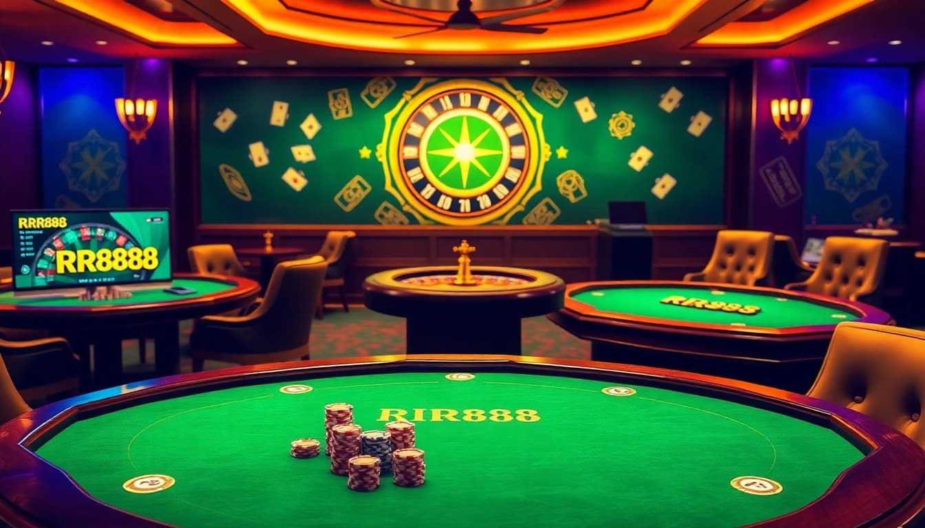 Engaging gambling scene with a focus on the RR88 website, highlighting casino tables and vibrant poker chips.